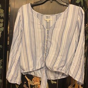 Blue and white stripped button tied dress shirt
